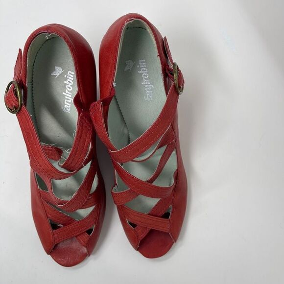 Anthropologie FARYL ROBIN Womens Sandals Wedges Peep Toe Strappy Red US 10 - Picture 2 of 9